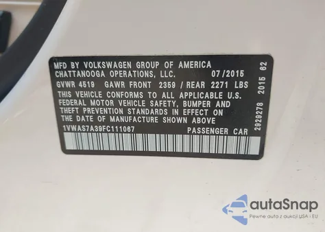 2015 Volkswagen Passat 1.8T Limited Edition из США, поврежденный, VIN 1VWAS7A39FC111067